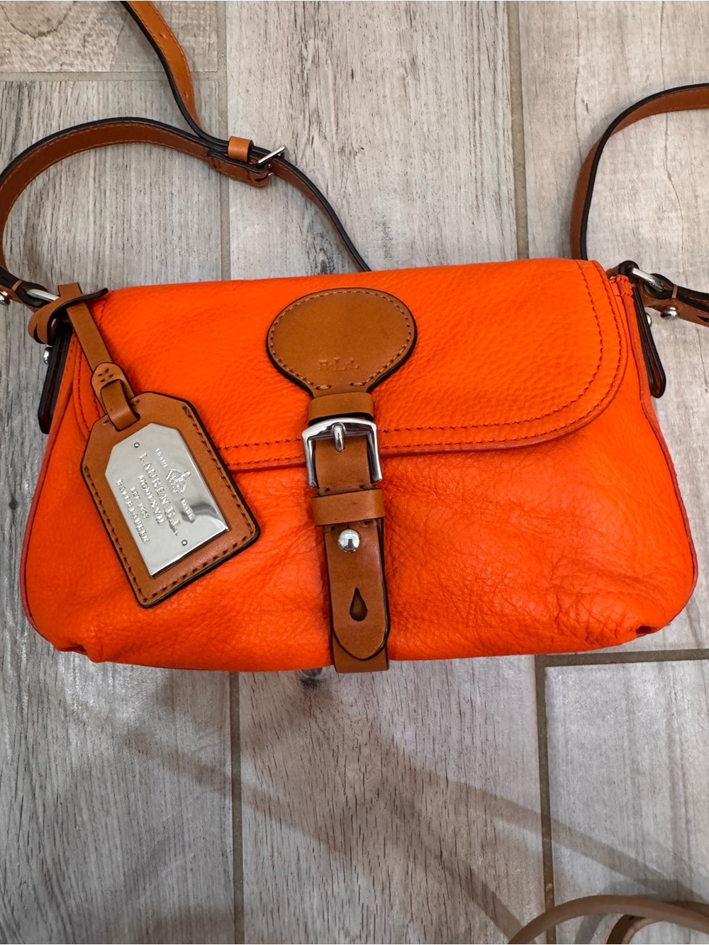 Polo by Ralph Lauren Orange Leather Crossbody with Tan Trim and Silver Hardware